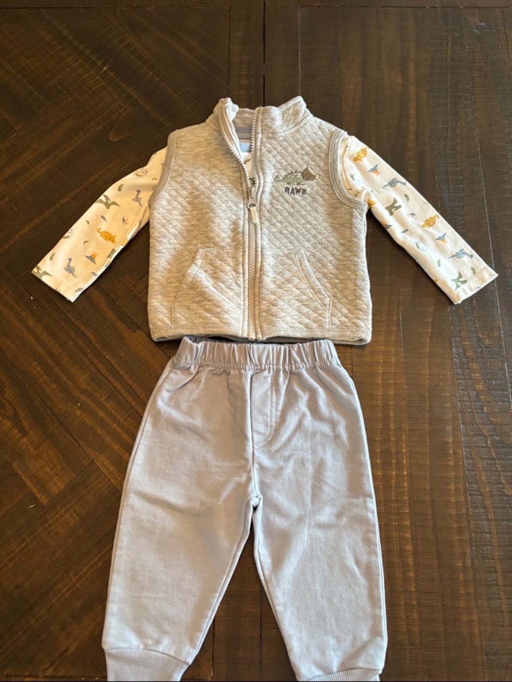 NWOT Carter's Light Gray Quilted Vest and Dino Print Set